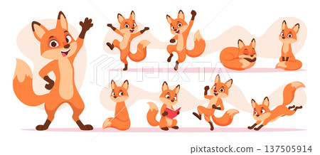 Fox. Cartoon fox in different action poses exact vector wild cute animal Fox. Cartoon fox in different action poses exact vector wild cute animal 137505914