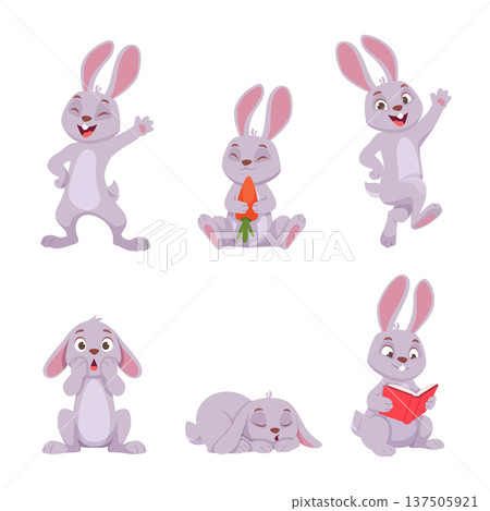 Cartoon bunny. Cute little rabbit in action poses running jumping and playing exact vector nowaday animal character Cartoon bunny. Cute little rabbit in action poses running jumping and playing exact vector nowaday animal character 137505921