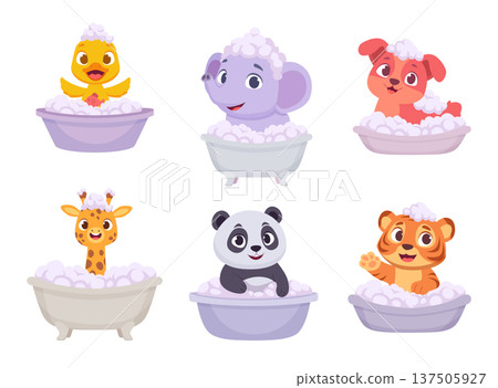 Animal bathing. Cartoon cute baby animals washing in bath time exact vector characters for kids Animal bathing. Cartoon cute baby animals washing in bath time exact vector characters for kids 137505927