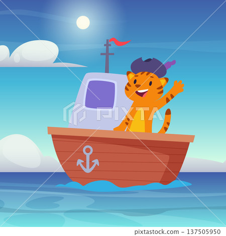 Cat in boat. cute cartoon animal captain shipping in sea. vector background 137505950
