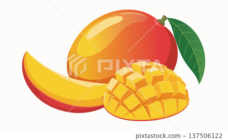 Tropical mango fruit illustration showing whole mango sliced mango and diced mango pieces bright juicy summer fruit Tropical mango fruit illustration showing whole mango sliced mango and diced mango pieces bright juicy summer fruit 137506122