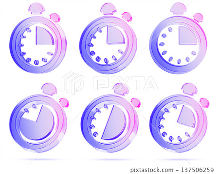 3d glass hologram stopwatch set, time animation sprite sheet. Pink blue gradient countdown, clock game icons with moving arrows sequence frame. Watches for app, timer, loading process. 3D illustration 137506259
