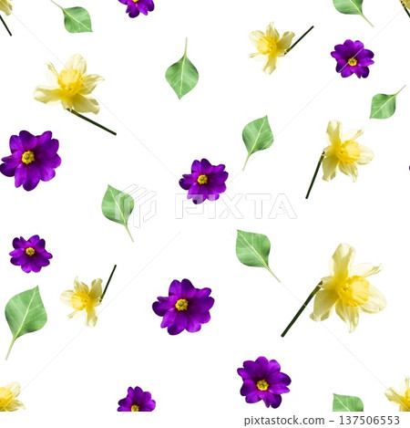 Seamless floral pattern with daffodils and primroses, spring decorative design Seamless floral pattern with daffodils and primroses, spring decorative design 137506553