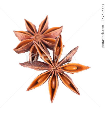Star anise isolated on white background. Anise stars or badian spice. Clipping path. 137506575