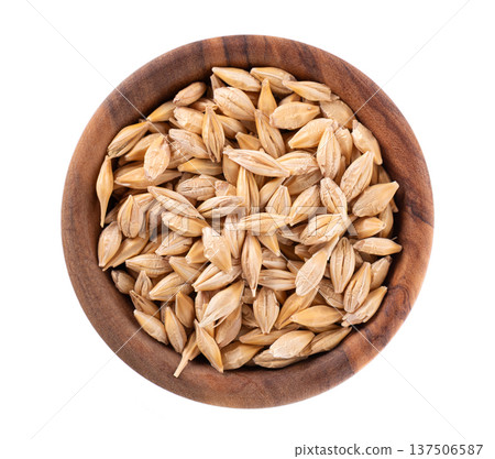 Malted barley grains isolated on white background. Barley seeds in wooden bowl. Clipping path. Top view. 137506587