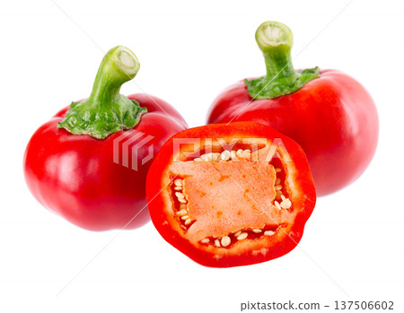 Sweet round peppers isolated on white background. Ripe round red paprika. Clipping path. Sweet round peppers isolated on white background. Ripe round red paprika. Clipping path. 137506602