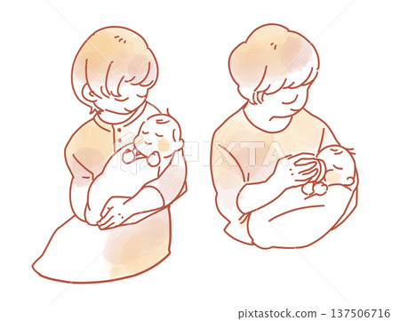 Illustration of a mother and father holding a baby, watercolor style Illustration of a mother and father holding a baby, watercolor style 137506716