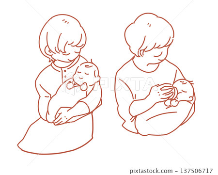 Illustration of a mother and father holding a baby - Line drawing/coloring book Illustration of a mother and father holding a baby - Line drawing/coloring book 137506717