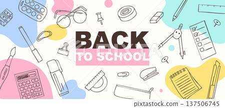 Cute Back to School banner with pastel abstract shapes and hand drawn school supplies, modern education web header template Cute Back to School banner with pastel abstract shapes and hand drawn school supplies, modern education web header template 137506745