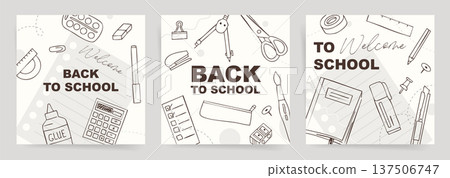 Square Back to School banner set with hand drawn stationery doodles on paper background, minimal education social media templates Square Back to School banner set with hand drawn stationery doodles on paper background, minimal education social media templates 137506747