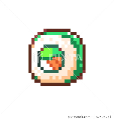 Pixel Art Cucumber Sushi Roll Icon. Retro 8 Bit Japanese Vegetarian Pixel Food Vector Illustration for Game UI, Stickers and Menu Design. Pixel Green Sushi Roll Pixel Art Cucumber Sushi Roll Icon. Retro 8 Bit Japanese Vegetarian Pixel Food Vector Illustration for Game UI, Stickers and Menu Design. Pixel Green Sushi Roll 137506751