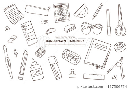 Hand drawn stationery outline set with notebook, planner, scissors and office supplies. Minimal cozy black and white sketch vector collection for school, study and stationery design 137506754