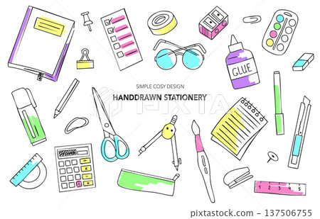 Hand drawn stationery colorful doodle set with notebook, scissors, calculator and school supplies. Simple cozy sketch vector collection for study, planner and office design Hand drawn stationery colorful doodle set with notebook, scissors, calculator and school supplies. Simple cozy sketch vector collection for study, planner and office design 137506755