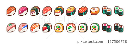 Pixel Art Sushi Food Collection Set. Retro 8 Bit Japanese Pixel Nigiri, Maki, Roll and Gunkan Vector Illustration Pixelated Y2k Pack for Game Assets UI, Stickers and Menu Design Pixel Art Sushi Food Collection Set. Retro 8 Bit Japanese Pixel Nigiri, Maki, Roll and Gunkan Vector Illustration Pixelated Y2k Pack for Game Assets UI, Stickers and Menu Design 137506758