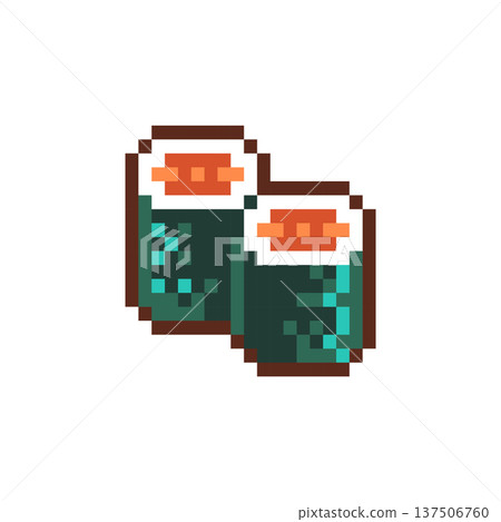 Pixel Art Salmon Maki Sushi Icon Set. Retro 8 Bit Japanese Fish Roll Vector Illustration for Game UI, Stickers and Menu Design 137506760