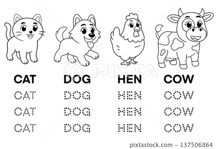 Cute farm animals coloring and tracing worksheet for preschool kids including cat dog hen and cow characters on white background for educational kindergarten activity and English vocabulary practice Cute farm animals coloring and tracing worksheet for preschool kids including cat dog hen and cow characters on white background for educational kindergarten activity and English vocabulary practice 137506864