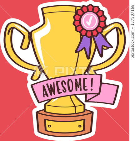 Golden trophy cup with ribbon 137507168