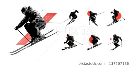 Male skier athlete color ink sketch vector set. Man snow mountain helmet goggles poles equipment participate winter sport slalom jump leisure active lifestyle training isolated on white background Male skier athlete color ink sketch vector set. Man snow mountain helmet goggles poles equipment participate winter sport slalom jump leisure active lifestyle training isolated on white background 137507186