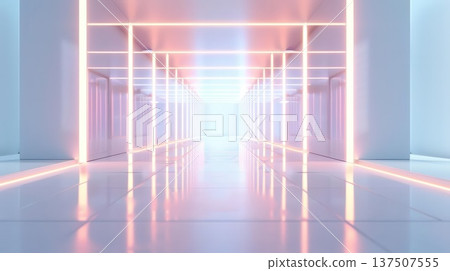 Futuristic white hallway with glowing neon lights. 137507555
