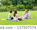The Asian little girl stand and hug to grandfather and during her mother and father help to prepare fruit and drink for picnic in public park together with daylight. 137507574