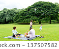 Father and grandfather sit on mat in grassfield of public park and look mother and grandchild enjoy to play together with daylight. 137507582