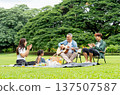 Side view of Asian little girl sit on mat to picnic during grandfather play the music using guitar and her father and mother also cheer up by clapping their hands in public park with daylight. 137507587