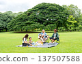 Wide shot of Asian little girl sit on mat to picnic during grandfather play the music using guitar and her father and mother also relax in public park with daylight. 137507588