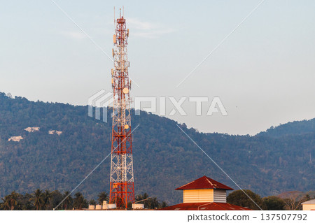 Mobile communication tower with antennas in tropical landscape of Koh Samui Thailand 137507792