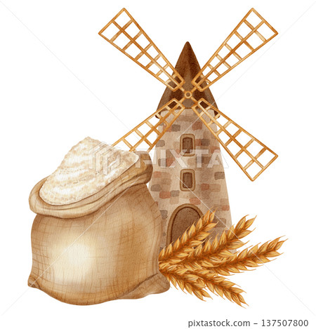 Watercolor illustration depicting a village mill, sacks, and bowls of white wheat flour. Ideal for branding, packaging, and harvesting, as well as advertising bakery, farm, and organic products 137507800