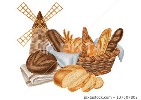 Watercolor Illustration: basket with assorted bread, a rustic mill, and a sack of flour. Perfect for comprehensive bakery and grain processing branding, menu, food packaging, cookbooks, recipes Watercolor Illustration: basket with assorted bread, a rustic mill, and a sack of flour. Perfect for comprehensive bakery and grain processing branding, menu, food packaging, cookbooks, recipes 137507802