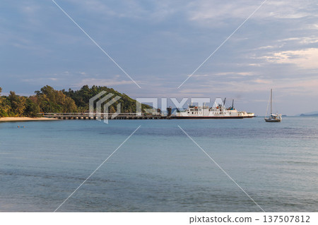 Ferry docked at pier near Lipa Noi beach on tropical coast of Koh Samui Thailand Ferry docked at pier near Lipa Noi beach on tropical coast of Koh Samui Thailand 137507812