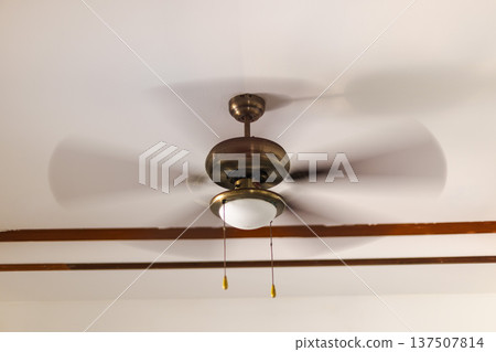Ceiling fan spinning on white ceiling with built in light fixture in residential interior Ceiling fan spinning on white ceiling with built in light fixture in residential interior 137507814