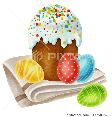 Watercolor illustration of an Easter cake with painted multicolored eggs and spring flowers. Perfect for cards, invitations, packaging, and seasonal designs. 137507828