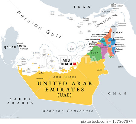 Emirates of the United Arab Emirates, political map, with capital Abu Dhabi. UAE, consisting of the seven emirates Abu Dhabi, Ajman, Dubai, Fujairah, Ras Al Khaimah, Sharjah, and Umm Al Quwain. Vector 137507874