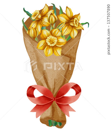 A hand-drawn watercolor illustration of a bouquet of yellow daffodils. This spring floral illustration is perfect for holiday cards, birthdays, International Women's Day, Easter, and romantic designs 137507890