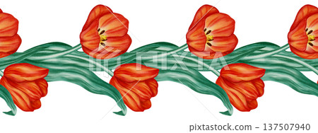 Seamless watercolor border with bright red tulips and green leaves. Hand-drawn floral ribbon for spring wedding, Easter cards, and festive stationery design Seamless watercolor border with bright red tulips and green leaves. Hand-drawn floral ribbon for spring wedding, Easter cards, and festive stationery design 137507940