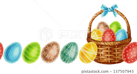 Watercolor seamless border with colorful Easter eggs, red tulips, and white daffodils. Hand drawn spring floral illustration for festive holiday Easter decor 137507943