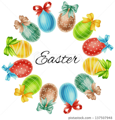 A watercolor Easter wreath with hand-painted multicolored eggs and silk bows. Perfect for Easter celebrations, textiles, packaging, cards, and invitations. A watercolor Easter wreath with hand-painted multicolored eggs and silk bows. Perfect for Easter celebrations, textiles, packaging, cards, and invitations. 137507948