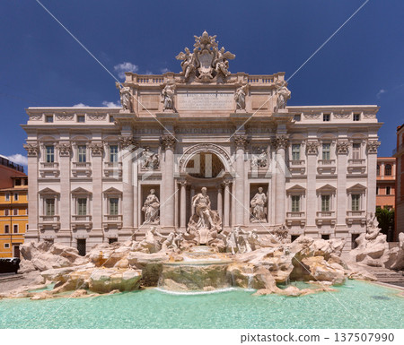 Trevi Fountain sculptures and turquoise water in Rome Italy 137507990
