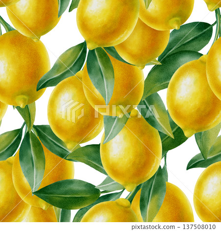 Watercolor seamless pattern with whole yellow lemons and lush green leaves. Hand drawn botanical illustration for fabric, textiles, wallpaper and Mediterranean style decor, kitchen decor, cafe menu 137508010