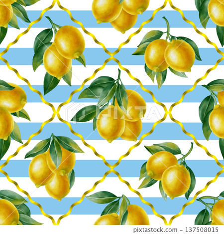 Watercolor seamless pattern with lemons and green leaves. Hand drawn botanical illustration for fabric, textiles, wallpaper and Mediterranean style decor, kitchen decor, cafe menu Watercolor seamless pattern with lemons and green leaves. Hand drawn botanical illustration for fabric, textiles, wallpaper and Mediterranean style decor, kitchen decor, cafe menu 137508015
