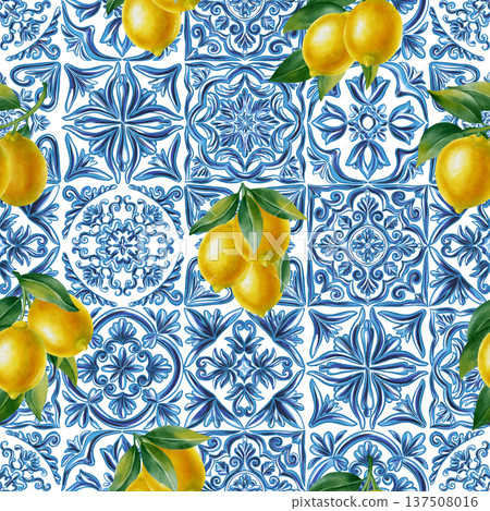 Mediterranean majolica tile style seamless pattern with lemons and blue ornaments. Watercolor traditional Italian azulejo design for textile, home and kitchen decor, fabric, textiles Mediterranean majolica tile style seamless pattern with lemons and blue ornaments. Watercolor traditional Italian azulejo design for textile, home and kitchen decor, fabric, textiles 137508016