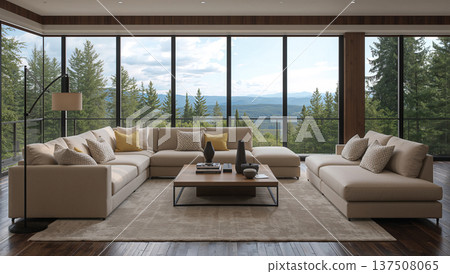 Spacious modern living room with sectional sofa and panoramic forest views 137508065