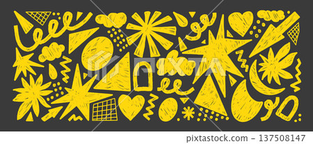 Crayon geometric doodle shapes. Playful stars, flower, grid abstract elements. Funky retro sticker figures, yellow pencil strokes, and childish doodle graphic for creative vector design projects no bg 137508147