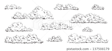 Vintage sky clouds sketchy hand-drawn. Cloud line art with retro pencil texture. Vector graphic for creative outdoor design concepts isolated on transparent background 137508179