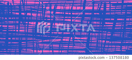 Grungy textured scratch surface with hand-drawn brush strokes pattern. Blue pink grid overlay, rough grain effect, and abstract shapes for punk project and posters. Vector urban street wall bg 137508180