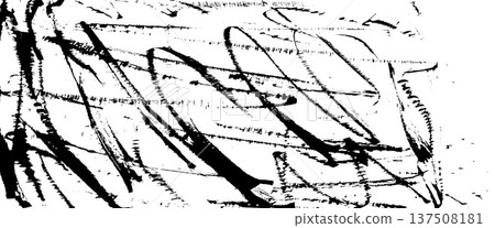 Abstract background features handmade brush stroke texture with messy wave pattern. Grunge ink strokes and punk overlay create retro artistic effect with bold angular hatch vector bg 137508181