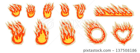 Flame doodles in crayon chalk, hand-sketched fire with grunge textures. Retro promo sticker graphics and rough brush strokes for creative project. Vector bonfire and hot sale frames, borders isolated 137508186