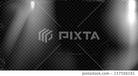 Film leak noir camera with bright light flare and horror film effect. Old scratch and glare on black background with lens leak. Cinematic vector overlay in monochrome analog dark gradation 137508191