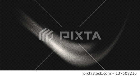 Grainy white sugar wave line on white background. Gritty noise curved gradient with dots. Aerosol spray or dusty flour long splash. Vector trail with stippling effect backdrop. Powder brush stroke 137508216